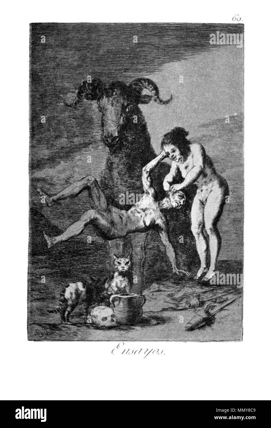 . Los Caprichos is a set of 80 aquatint prints created by Francisco Goya for release in 1799.  . 1799.   Francisco Goya  (1746–1828)      Alternative names Francisco Goya Lucientes, Francisco de Goya y Lucientes, Francisco José Goya Lucientes  Description Spanish painter, printmaker, lithographer, engraver and etcher  Date of birth/death 30 March 1746 16 April 1828  Location of birth/death Fuendetodos Bordeaux  Work location Madrid, Zaragoza, Bordeaux  Authority control  : Q5432 VIAF:?54343141 ISNI:?0000 0001 2280 1608 ULAN:?500118936 LCCN:?n79003363 NLA:?36545788 WorldCat Goya - Caprichos (60 Stock Photo