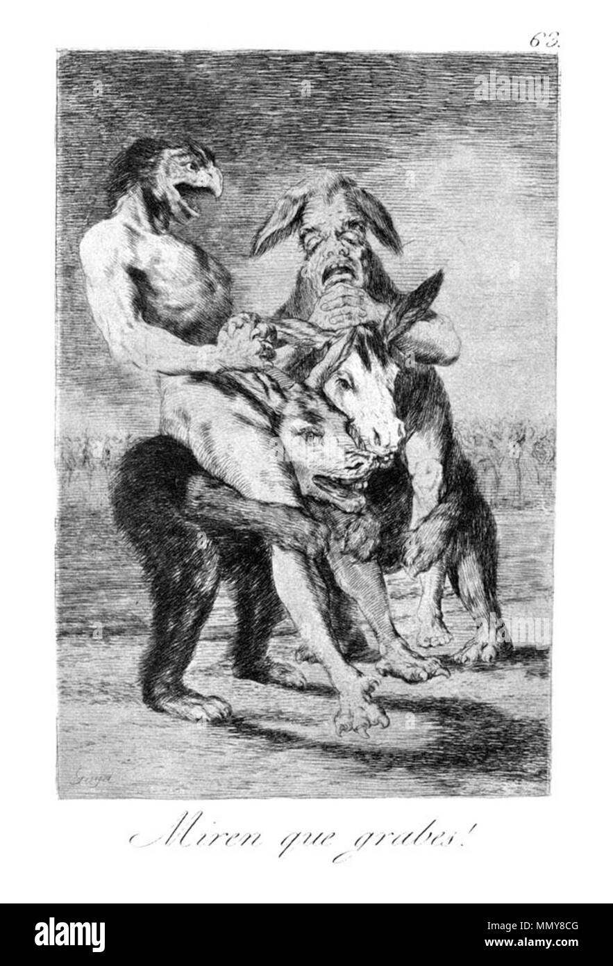 . Los Caprichos is a set of 80 aquatint prints created by Francisco Goya for release in 1799.  . 1799.   Francisco Goya  (1746–1828)      Alternative names Francisco Goya Lucientes, Francisco de Goya y Lucientes, Francisco José Goya Lucientes  Description Spanish painter, printmaker, lithographer, engraver and etcher  Date of birth/death 30 March 1746 16 April 1828  Location of birth/death Fuendetodos Bordeaux  Work location Madrid, Zaragoza, Bordeaux  Authority control  : Q5432 VIAF:?54343141 ISNI:?0000 0001 2280 1608 ULAN:?500118936 LCCN:?n79003363 NLA:?36545788 WorldCat Goya - Caprichos (63 Stock Photo