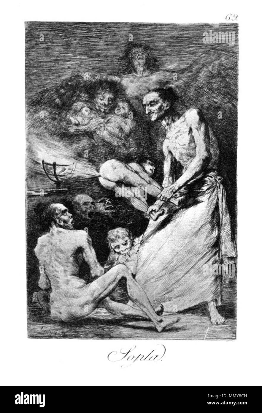 . Los Caprichos is a set of 80 aquatint prints created by Francisco Goya for release in 1799.  . 1799.   Francisco Goya  (1746–1828)      Alternative names Francisco Goya Lucientes, Francisco de Goya y Lucientes, Francisco José Goya Lucientes  Description Spanish painter, printmaker, lithographer, engraver and etcher  Date of birth/death 30 March 1746 16 April 1828  Location of birth/death Fuendetodos Bordeaux  Work location Madrid, Zaragoza, Bordeaux  Authority control  : Q5432 VIAF:?54343141 ISNI:?0000 0001 2280 1608 ULAN:?500118936 LCCN:?n79003363 NLA:?36545788 WorldCat Goya - Caprichos (69 Stock Photo