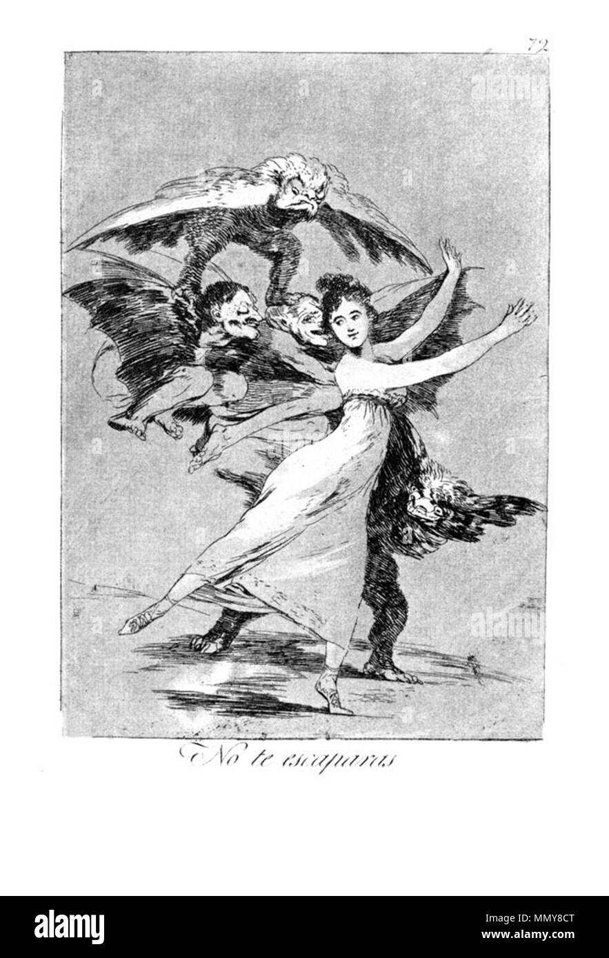 . Los Caprichos is a set of 80 aquatint prints created by Francisco Goya for release in 1799.  . 1799.   Francisco Goya  (1746–1828)      Alternative names Francisco Goya Lucientes, Francisco de Goya y Lucientes, Francisco José Goya Lucientes  Description Spanish painter, printmaker, lithographer, engraver and etcher  Date of birth/death 30 March 1746 16 April 1828  Location of birth/death Fuendetodos Bordeaux  Work location Madrid, Zaragoza, Bordeaux  Authority control  : Q5432 VIAF:?54343141 ISNI:?0000 0001 2280 1608 ULAN:?500118936 LCCN:?n79003363 NLA:?36545788 WorldCat Goya - Caprichos (72 Stock Photo