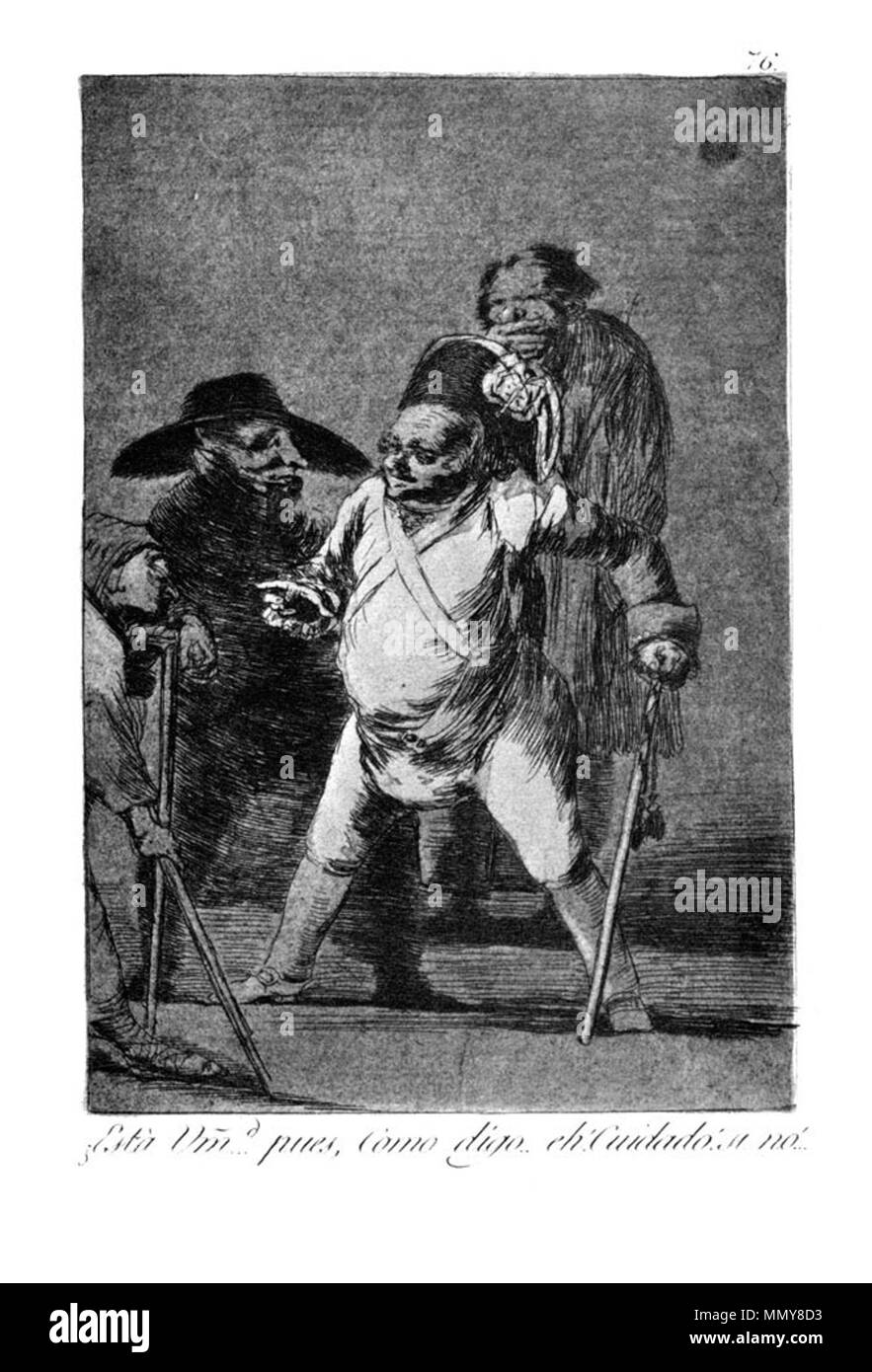 . Los Caprichos is a set of 80 aquatint prints created by Francisco Goya for release in 1799.  . 1799.   Francisco Goya  (1746–1828)      Alternative names Francisco Goya Lucientes, Francisco de Goya y Lucientes, Francisco José Goya Lucientes  Description Spanish painter, printmaker, lithographer, engraver and etcher  Date of birth/death 30 March 1746 16 April 1828  Location of birth/death Fuendetodos Bordeaux  Work location Madrid, Zaragoza, Bordeaux  Authority control  : Q5432 VIAF:?54343141 ISNI:?0000 0001 2280 1608 ULAN:?500118936 LCCN:?n79003363 NLA:?36545788 WorldCat Goya - Caprichos (76 Stock Photo