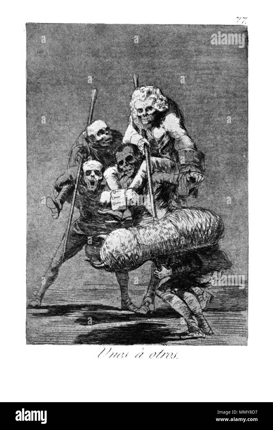 . Los Caprichos is a set of 80 aquatint prints created by Francisco Goya for release in 1799.  . 1799.   Francisco Goya  (1746–1828)      Alternative names Francisco Goya Lucientes, Francisco de Goya y Lucientes, Francisco José Goya Lucientes  Description Spanish painter, printmaker, lithographer, engraver and etcher  Date of birth/death 30 March 1746 16 April 1828  Location of birth/death Fuendetodos Bordeaux  Work location Madrid, Zaragoza, Bordeaux  Authority control  : Q5432 VIAF:?54343141 ISNI:?0000 0001 2280 1608 ULAN:?500118936 LCCN:?n79003363 NLA:?36545788 WorldCat Goya - Caprichos (77 Stock Photo