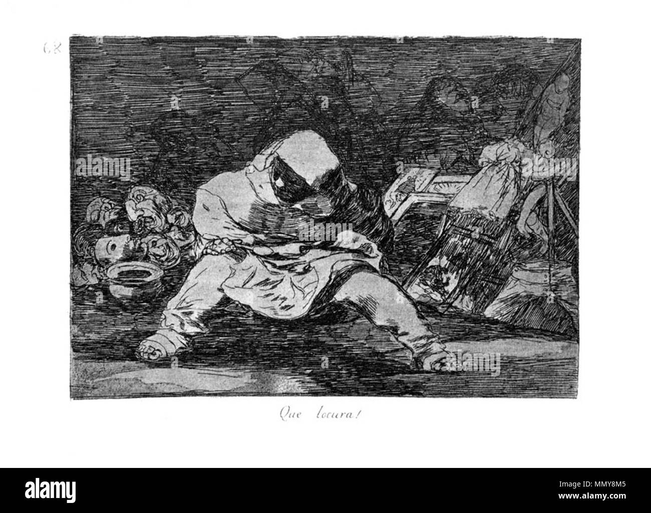 . Los Desatres de la Guerra is a set of 80 aquatint prints created by Francisco Goya in the 1810s. Plate 68: Que locura! (What madness!)  . 1810s.   Francisco Goya  (1746–1828)      Alternative names Francisco Goya Lucientes, Francisco de Goya y Lucientes, Francisco José Goya Lucientes  Description Spanish painter, printmaker, lithographer, engraver and etcher  Date of birth/death 30 March 1746 16 April 1828  Location of birth/death Fuendetodos Bordeaux  Work location Madrid, Zaragoza, Bordeaux  Authority control  : Q5432 VIAF:?54343141 ISNI:?0000 0001 2280 1608 ULAN:?500118936 LCCN:?n79003363 Stock Photo