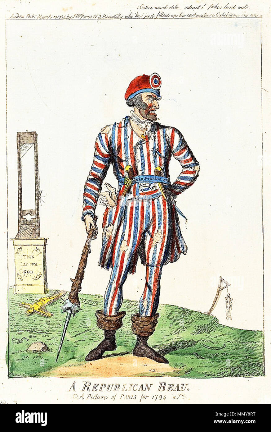 English: 'A Republican Beau. A Picture of Paris for 1794.' Hand-colored  etching by Isaac Cruikshank (1756-1811). LOC description: 'Print shows a  man, a sans-culottes, in ragged red, white, and blue stripe