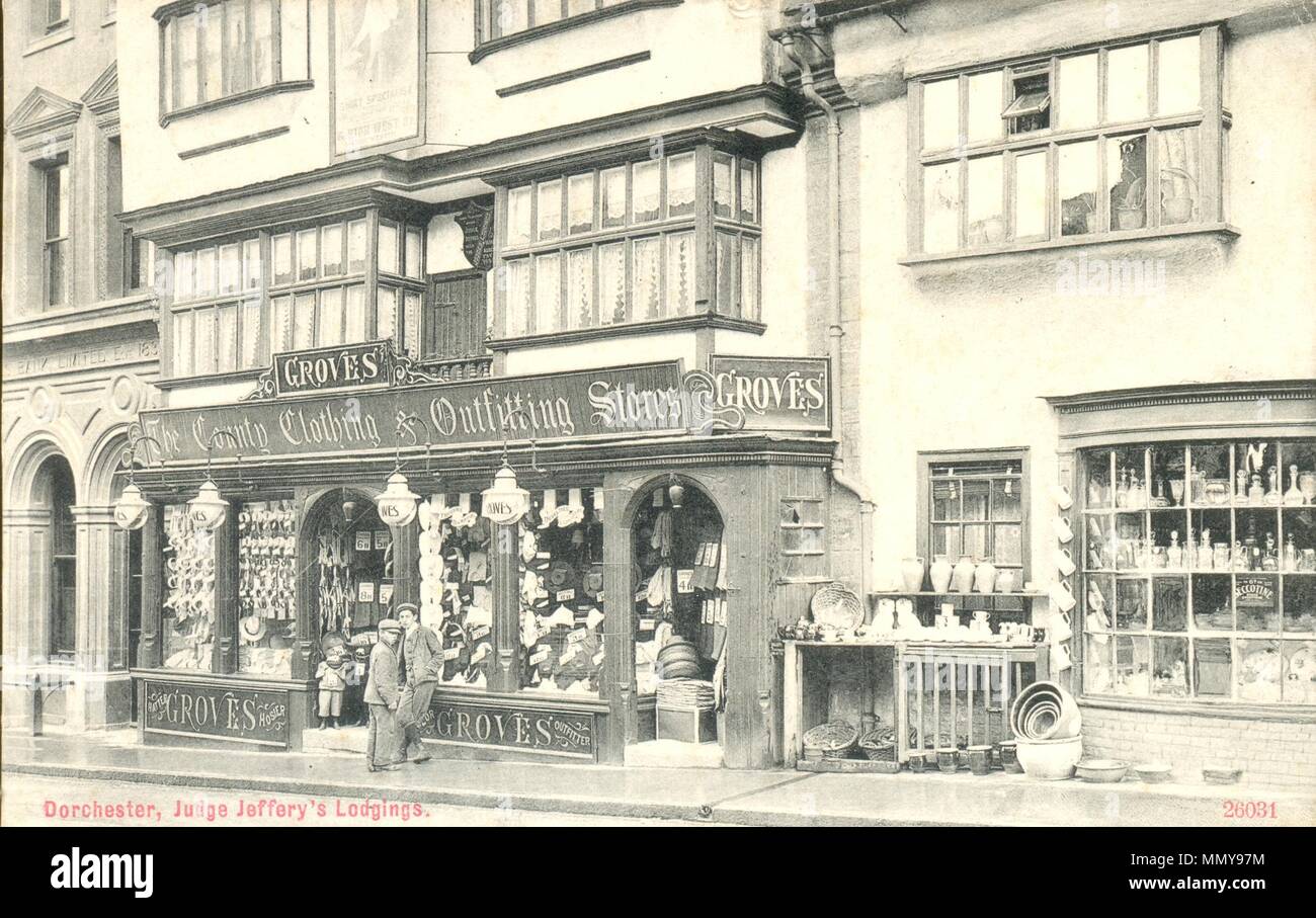 Advertising postcard showing domestic shops in historic building,  High Street, Dorchester Stock Photo
