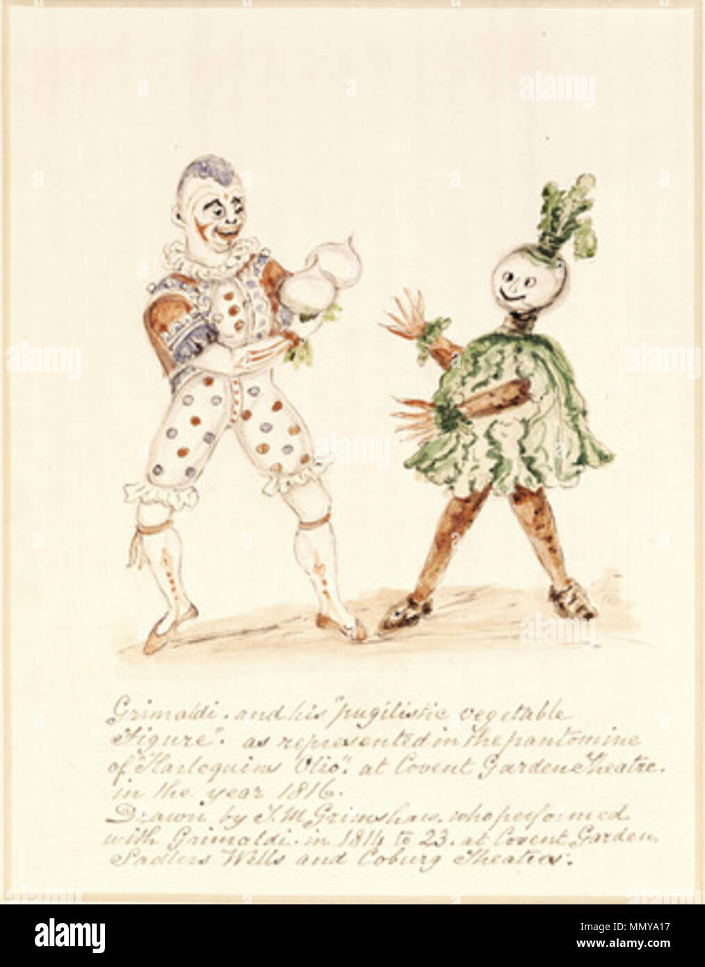 . English: Grimaldi in pose opposite an actor who was playing the part of a 'pugilistic vegetable'. Taken from the Christmas Pantomime 'Harlequin Olio' which was staged at the Covent Garden Theatre in 1816. This watercolour drawing is by T M Grimshaw, who performed with Grimaldi from 1814 to 1823 at the Covent Garden, Sadlers Wells and Coburg theatres.  . circa 1816. T.M.Grimshaw Grimaldi and Vegetable Stock Photo