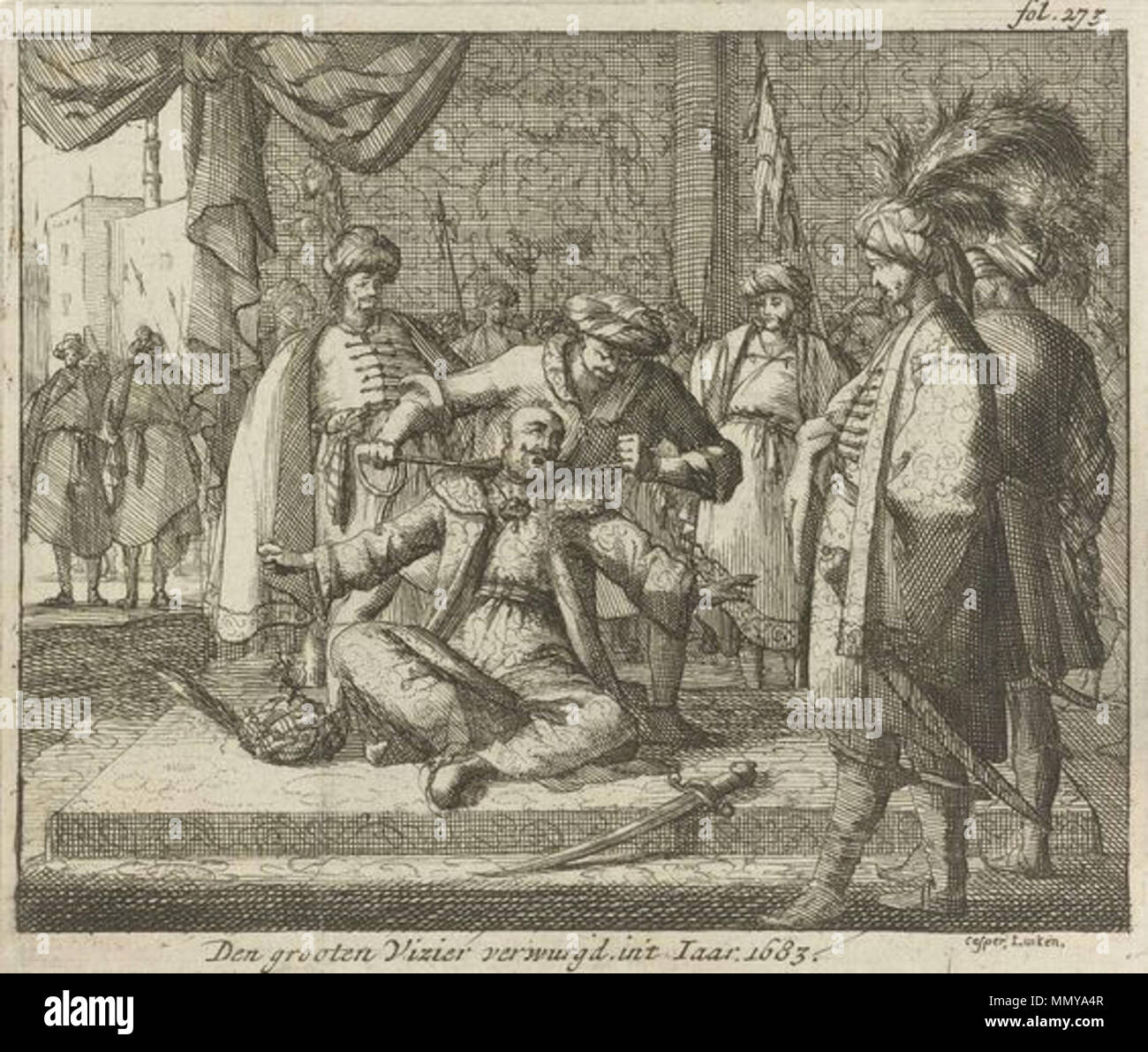 Nederlands: Grootvizier Kara Mustafa met een zijden koord gewurgd, 1683 . 2 January .