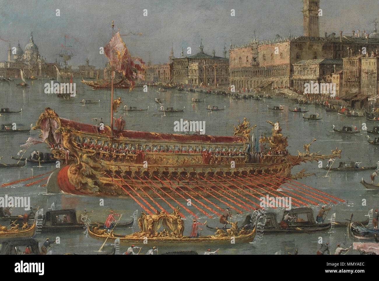 The Bucintoro Festival of Venice. The Bacino di S. Marco with the 'Bucintoro', the Doge's State Barge, on Ascension Day. between 1780 and 1793. Guardi, Francesco - Bucintoro-detail Stock Photo
