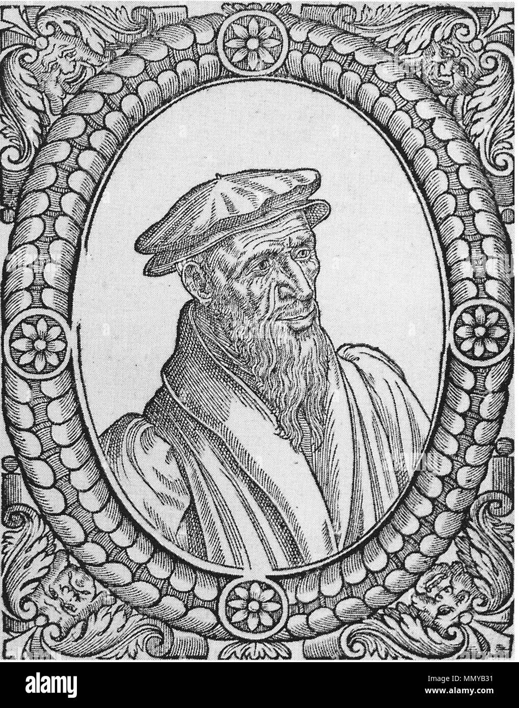 . Guillaume Farel, original portrait in Theodore Beza's Icones  . 1580. Theodore Beza (1519-1605) GuillaumeFarel Stock Photo