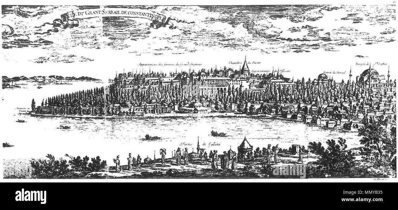 . English: Panoramic view of the Topkapi Palace from the Golden Horn, ca. 1672, from Grelot, Relation nouvelle d'un voyage de Constantinople.  . 1672. Guillaume-Joseph Grelot Guillaume-Joseph Grelot 001 Stock Photo