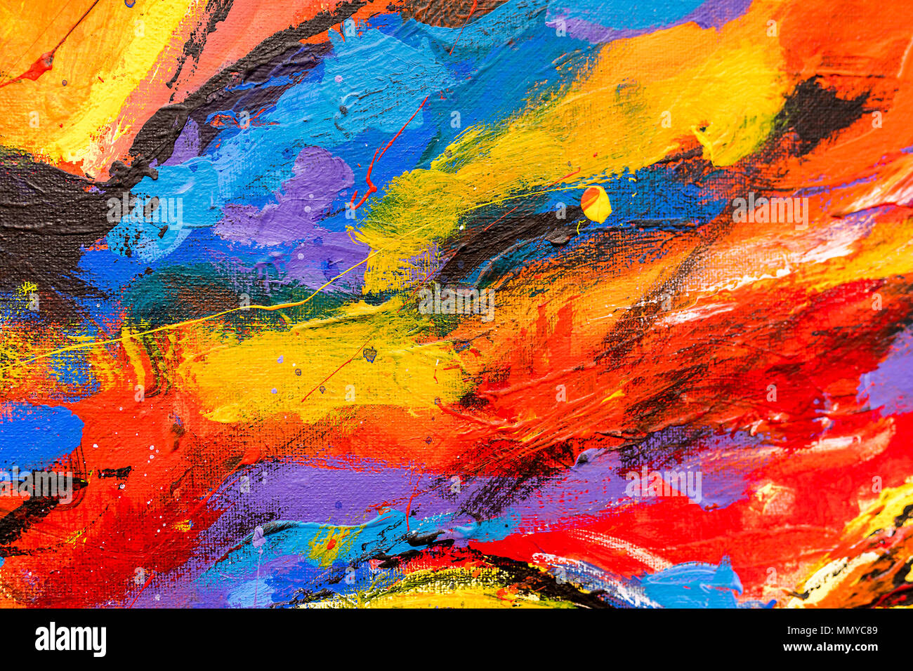 A vibrant and colourful oil and acrylic abstract painting background on canvas painted with wild and free brush strokes Stock Photo