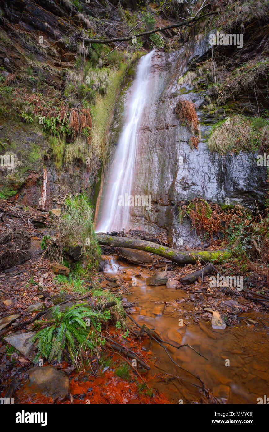 The red ferruginous waters of the Rexio waterfall, near Vilamor, folgoso de Courel, Lugo, Galicia, Stock Photo