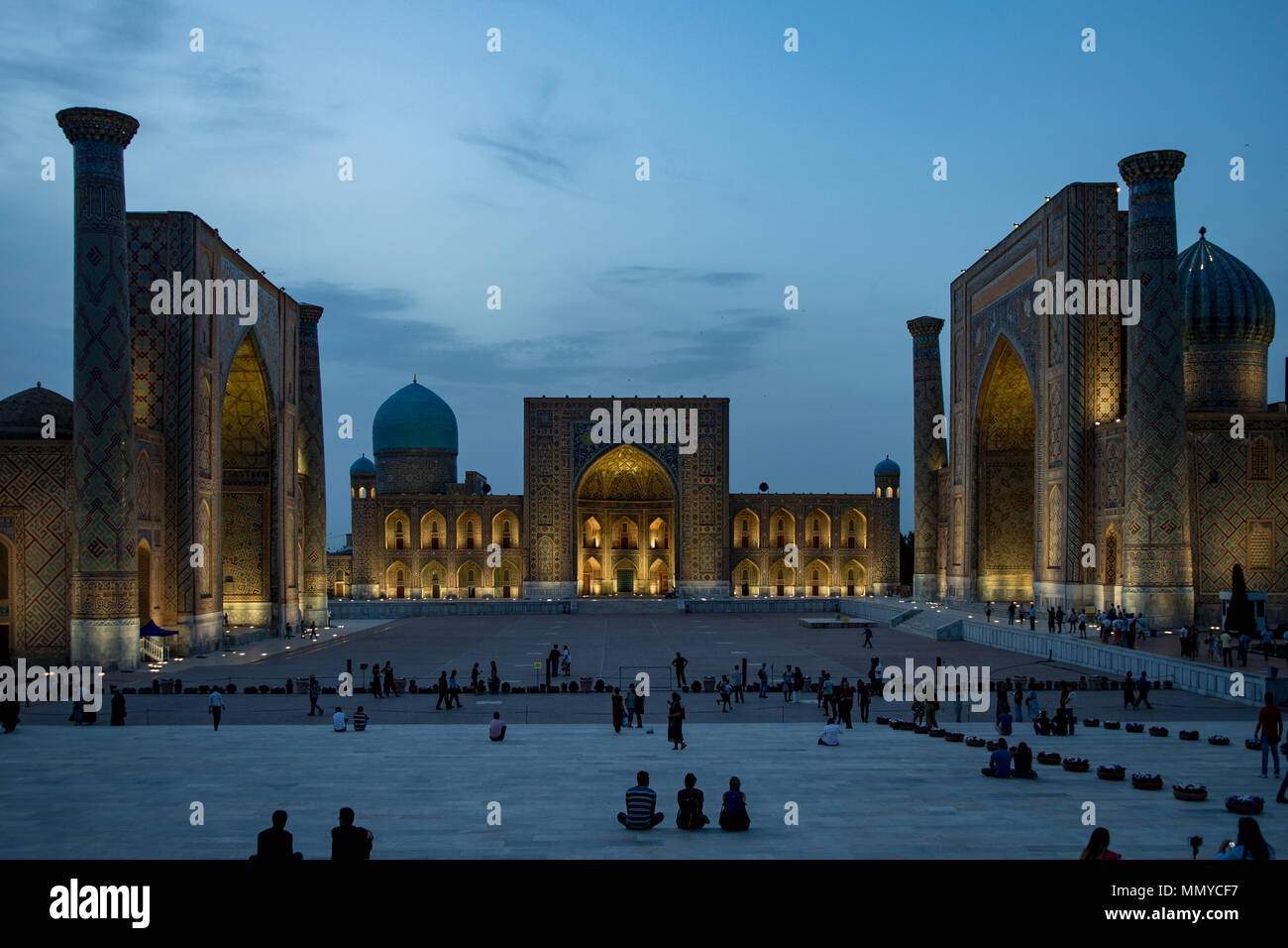 Registan Square at Dusk, Samarkand, Uzbekistan Stock Photo