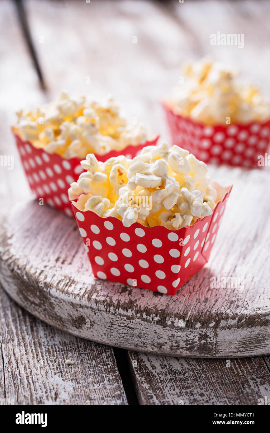 Popcorn in red polka dot pack  Stock Photo