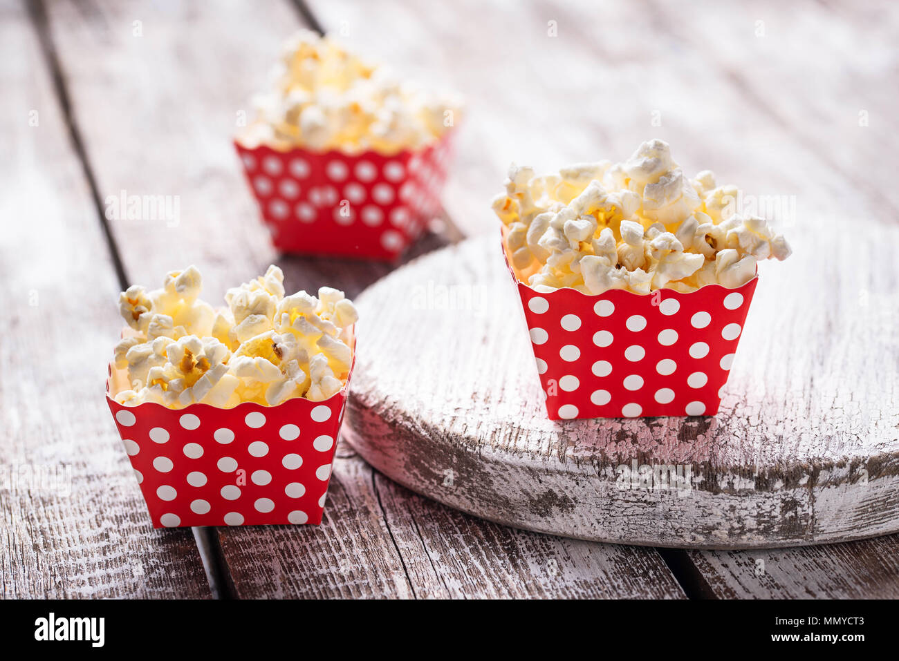 Popcorn in red polka dot pack Stock Photo