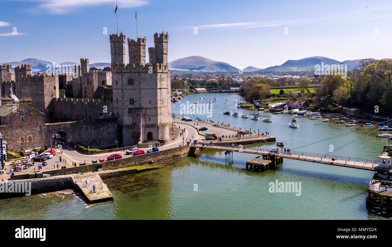 Aerial view of the historic castle Caernafon, Gwynedd in Wales - United Kingdom. Stock Photo