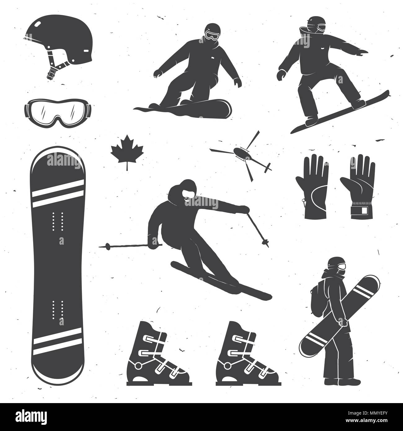 Set of winter sports equipment, skier and snowboarders silhouettes. Vector illustration. Collection include helmet, snowboard, glasses, boots and glov Stock Vector