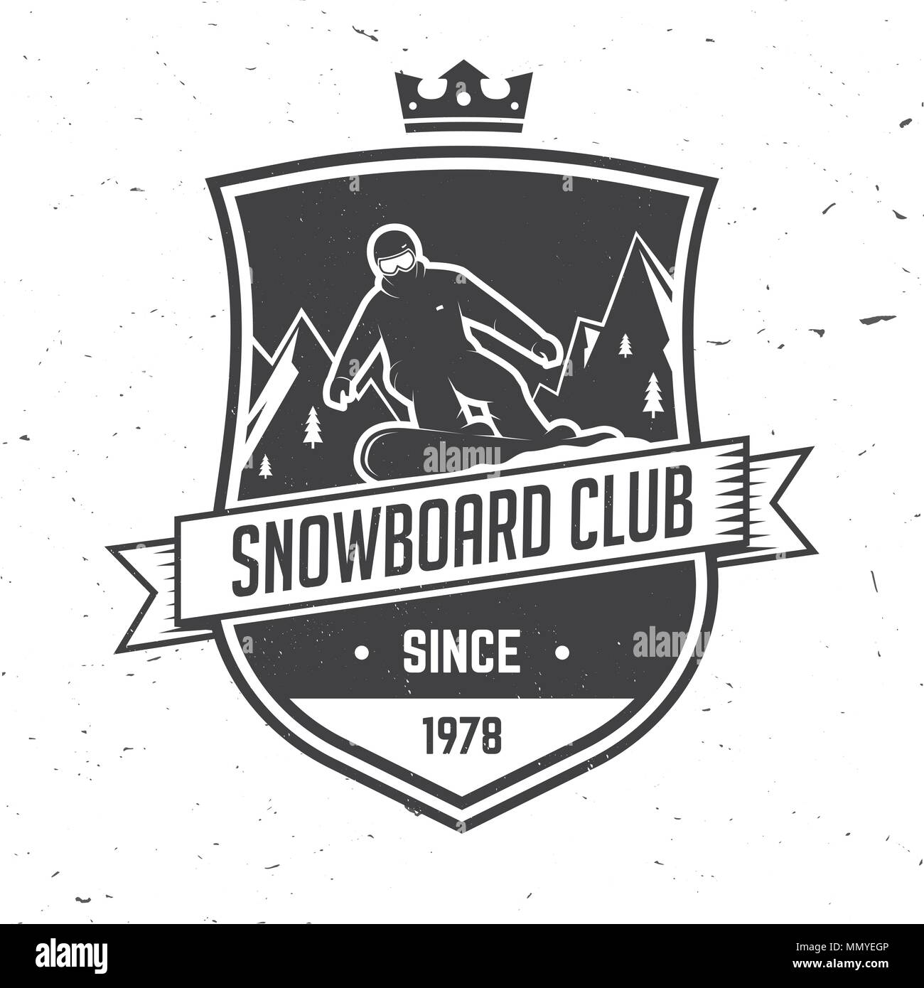 Snowboard Club. Vector illustration. Concept for shirt, print, stamp or tee. Vintage typography design with snowboarder and mountain silhouette. Extre Stock Vector