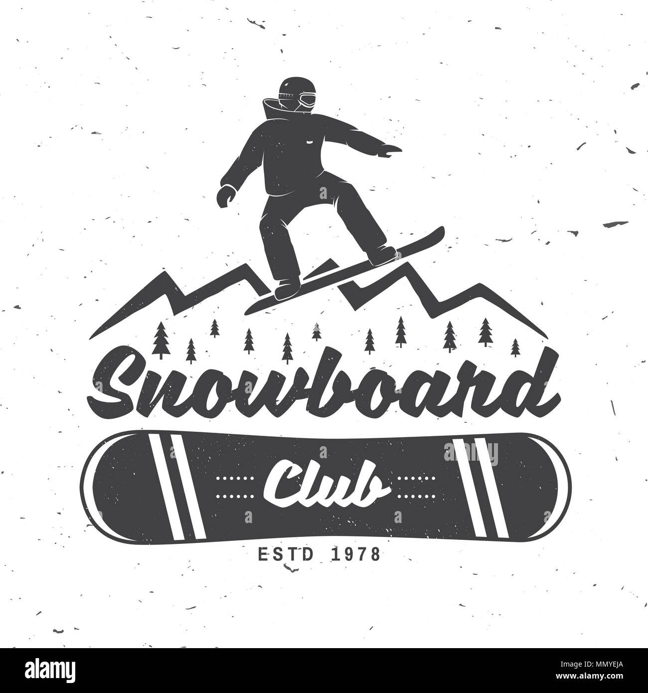 Snowboard Club. Vector illustration. Concept for shirt, print, stamp or tee. Vintage typography design with snowboard and mountain silhouette. Extreme Stock Vector