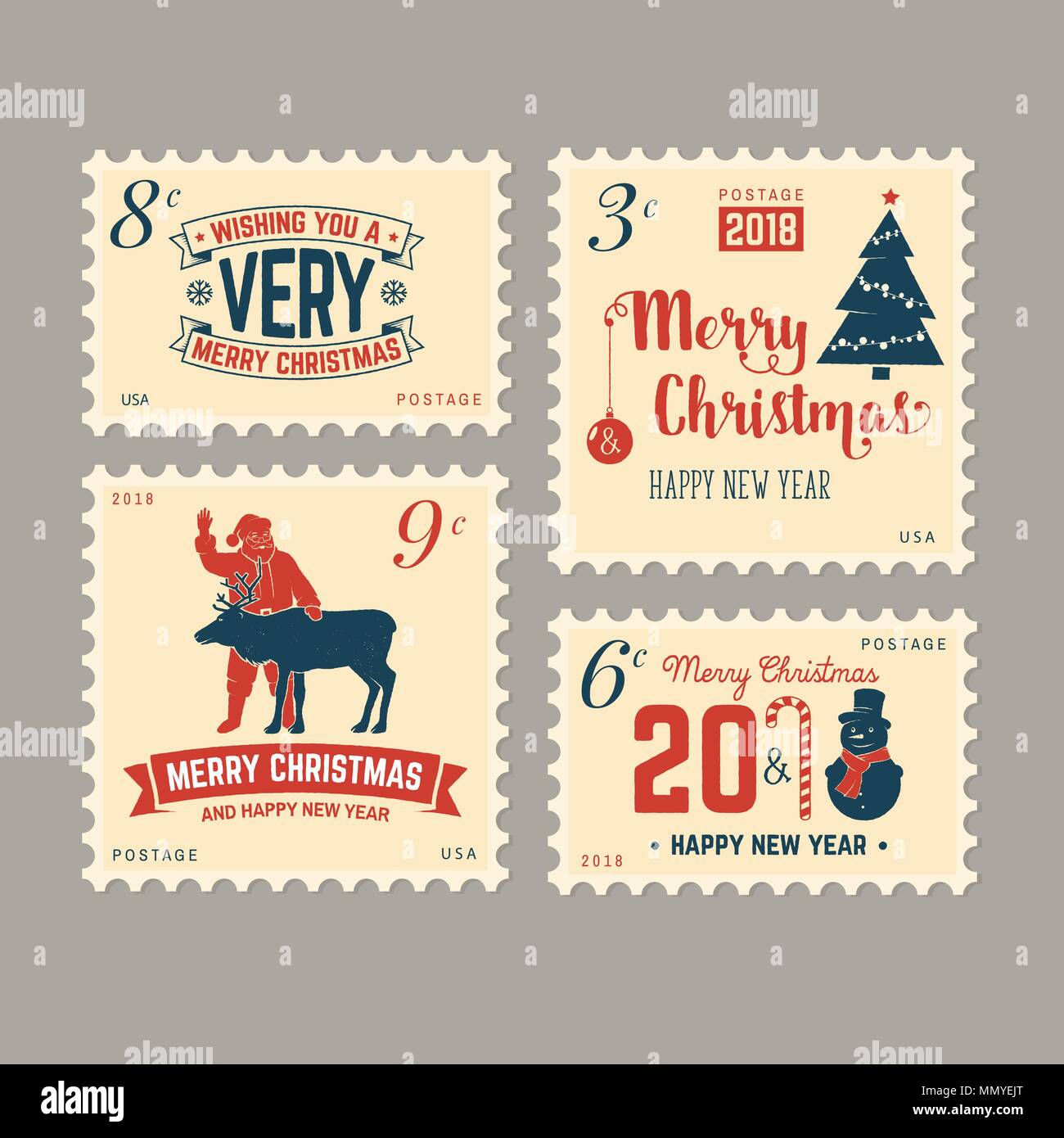 Merry Christmas and Happy New Year 2018 retro postage stamp with Santa Claus, Christmas tree, gifts and reindeer. Vector illustration. Stock Vector