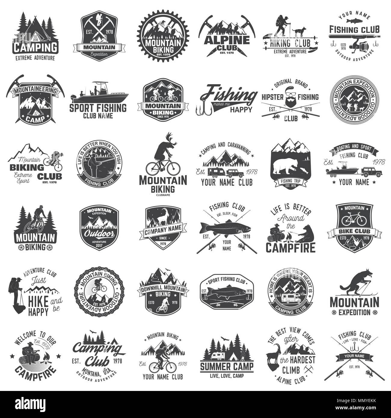 Summer camp,mountain biking, fishing and alpine club. Vector illustration. Set of vintage badges, labels, silhouettes. Vintage typography collection w Stock Vector