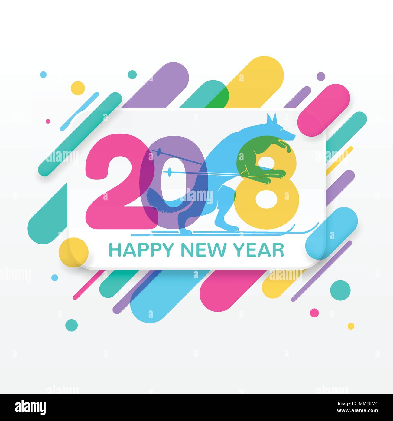 2018 Happy New Year greeting card with abstract colored rounded shapes lines in diagonal rhythm. For greeting card, poster, brochure or flyer template Stock Vector