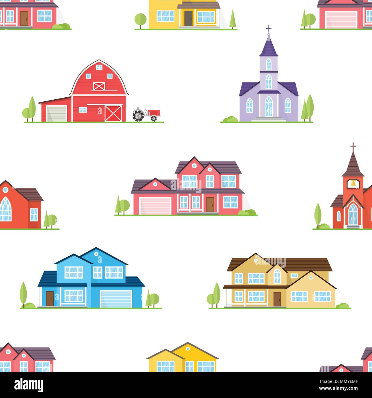 Suburban houses seamless pattern. Vector illustration. American houses, churches and farm seamless pattern. Stock Vector