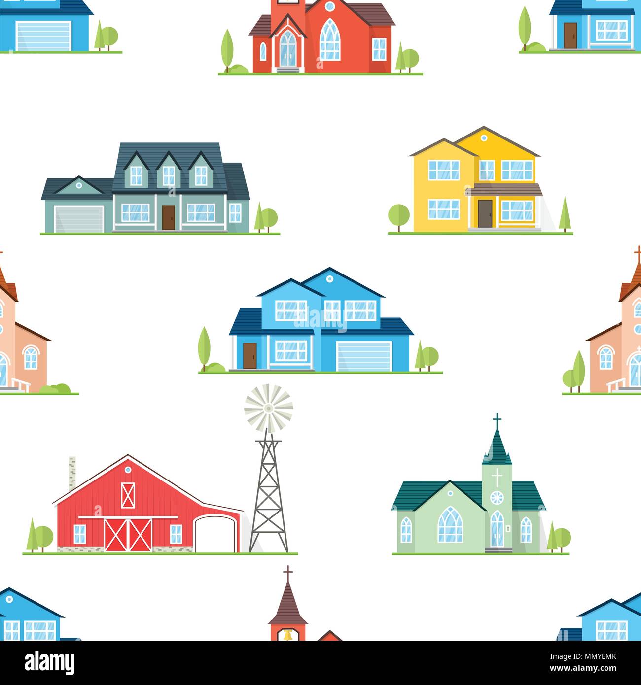 Suburban houses seamless pattern. Vector illustration. American houses, churches and farm seamless pattern. Stock Vector