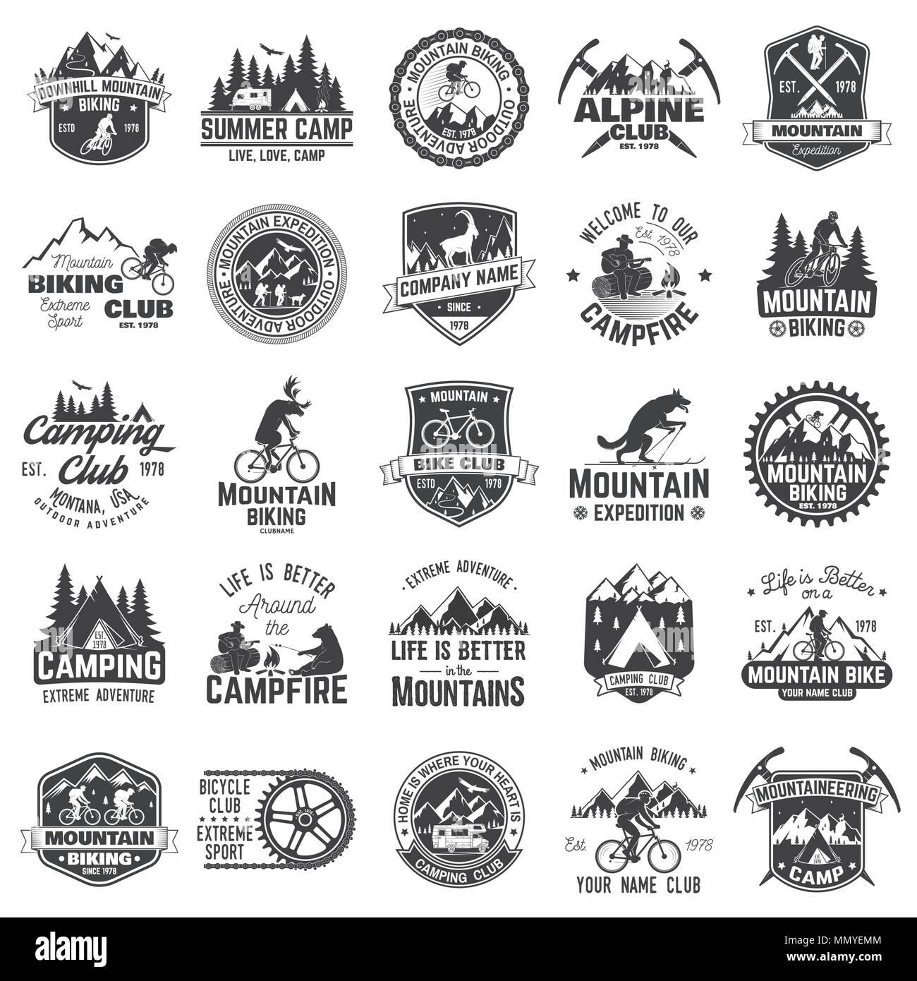 Discutir giro con tiempo Summer camp,mountain biking, alpine club. Vector illustration. Set of  vintage badges, labels, logos, silhouettes. Vintage typography collection  with 2 Stock Vector Image & Art - Alamy