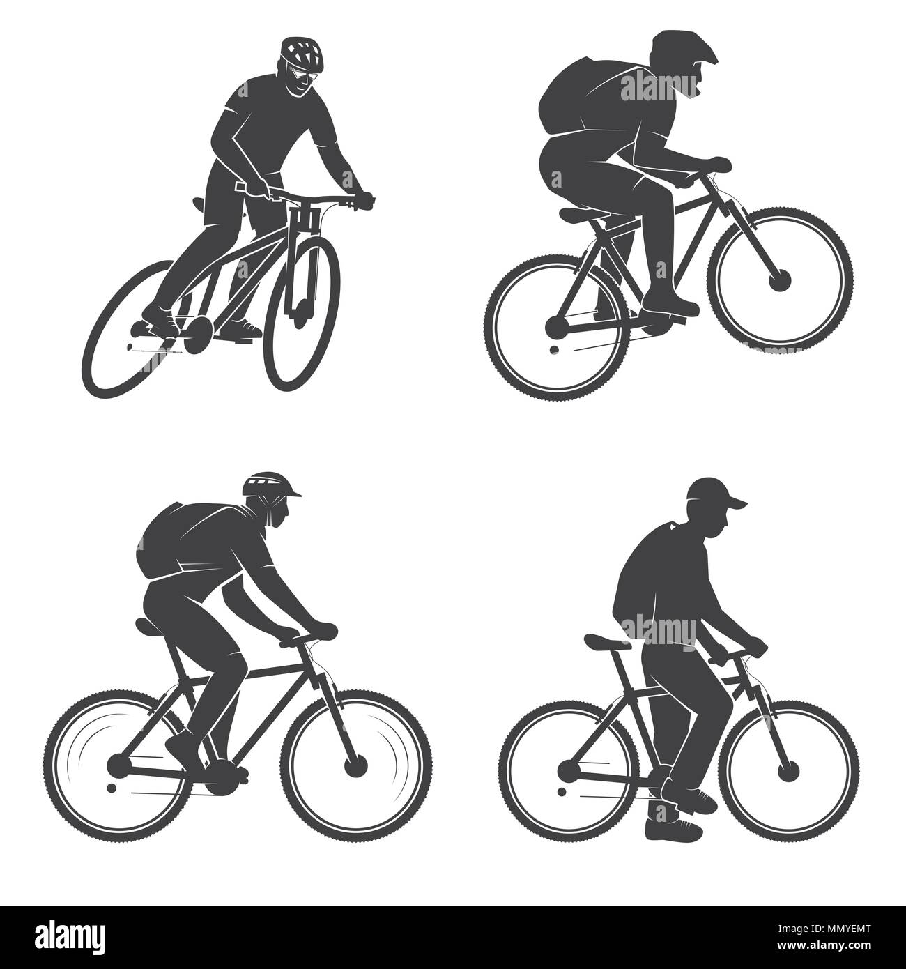 Set of mens on the Mountain bikings. Vector illustration. Concept for head badges, shirt, print, stamp or biking tourism. Outdoor adventure. Extreme m Stock Vector