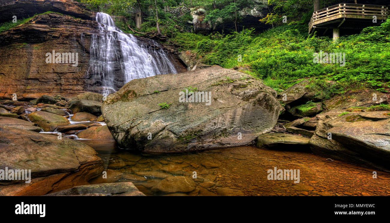 Panorama photo of Brandywine Falls in Cuyahoga Valley National Park Ohio.  A gorgeous 65 foot falls seen here in late summer from the creek. Stock Photo