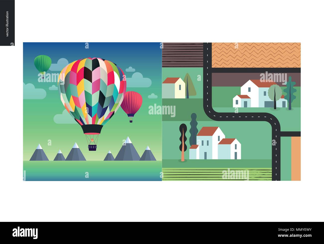 Simple things - color - flat cartoon vector illustration of hot air balloons above mountains, top view of out-of-town street, country houses, trees, f Stock Vector