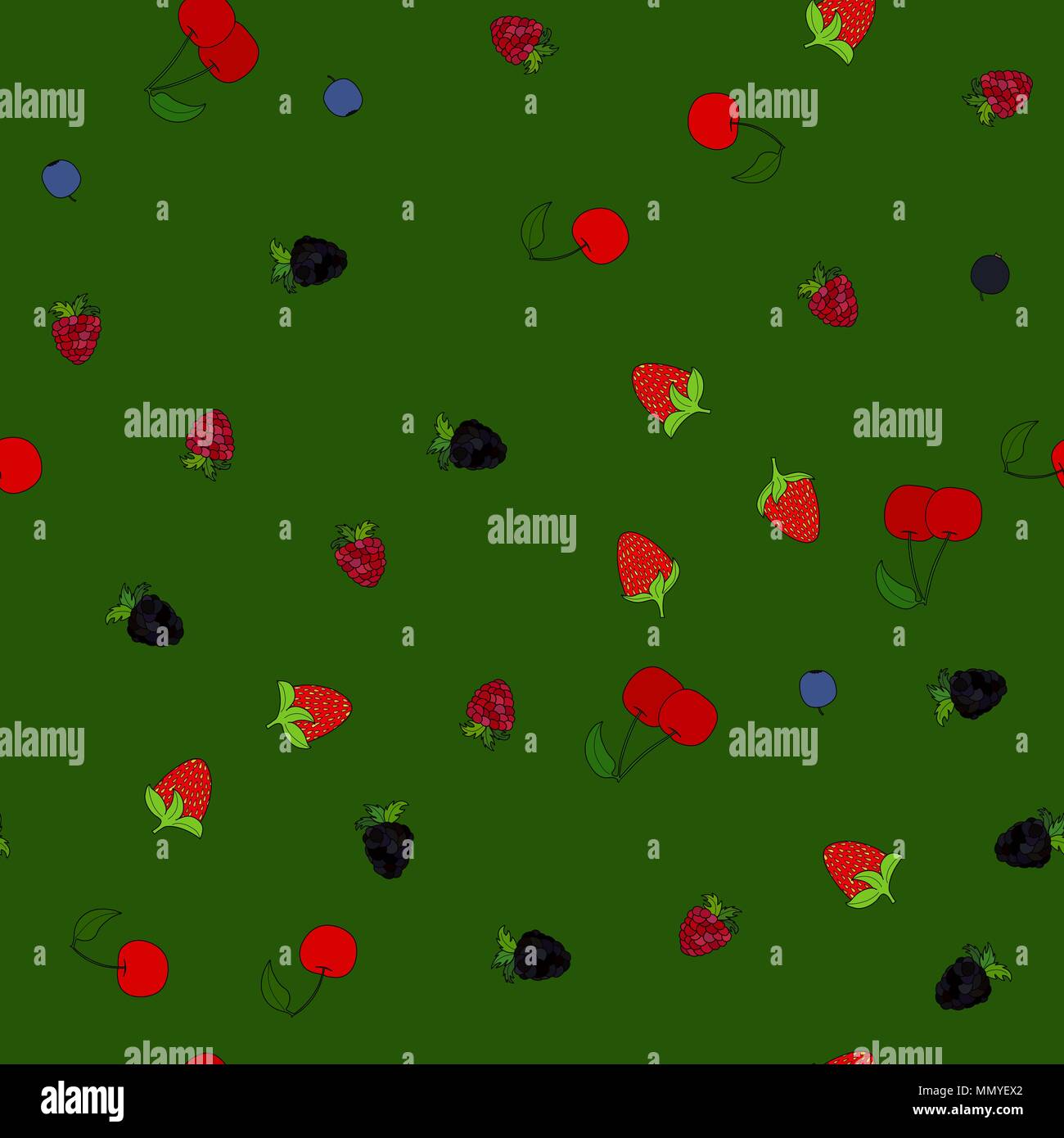 abstract vector doodle berry chaotic seamless pattern on green background Stock Vector