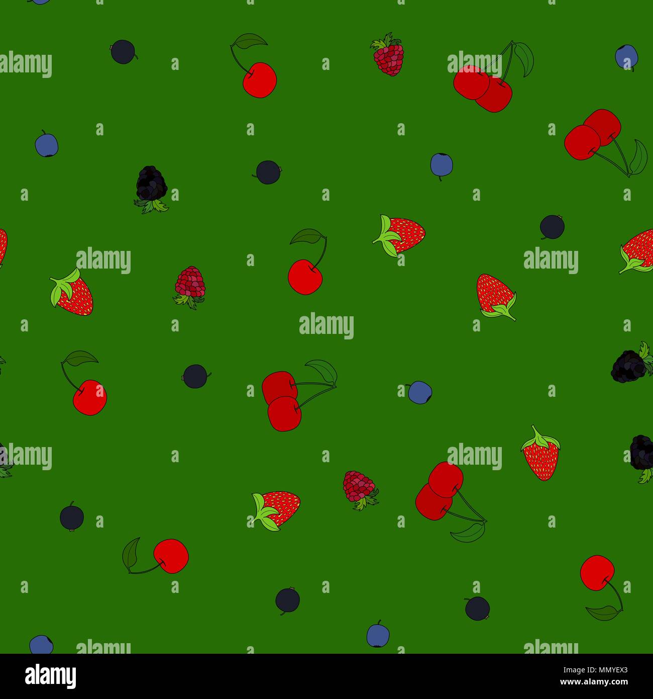 abstract vector doodle berry chaotic seamless pattern on green background Stock Vector