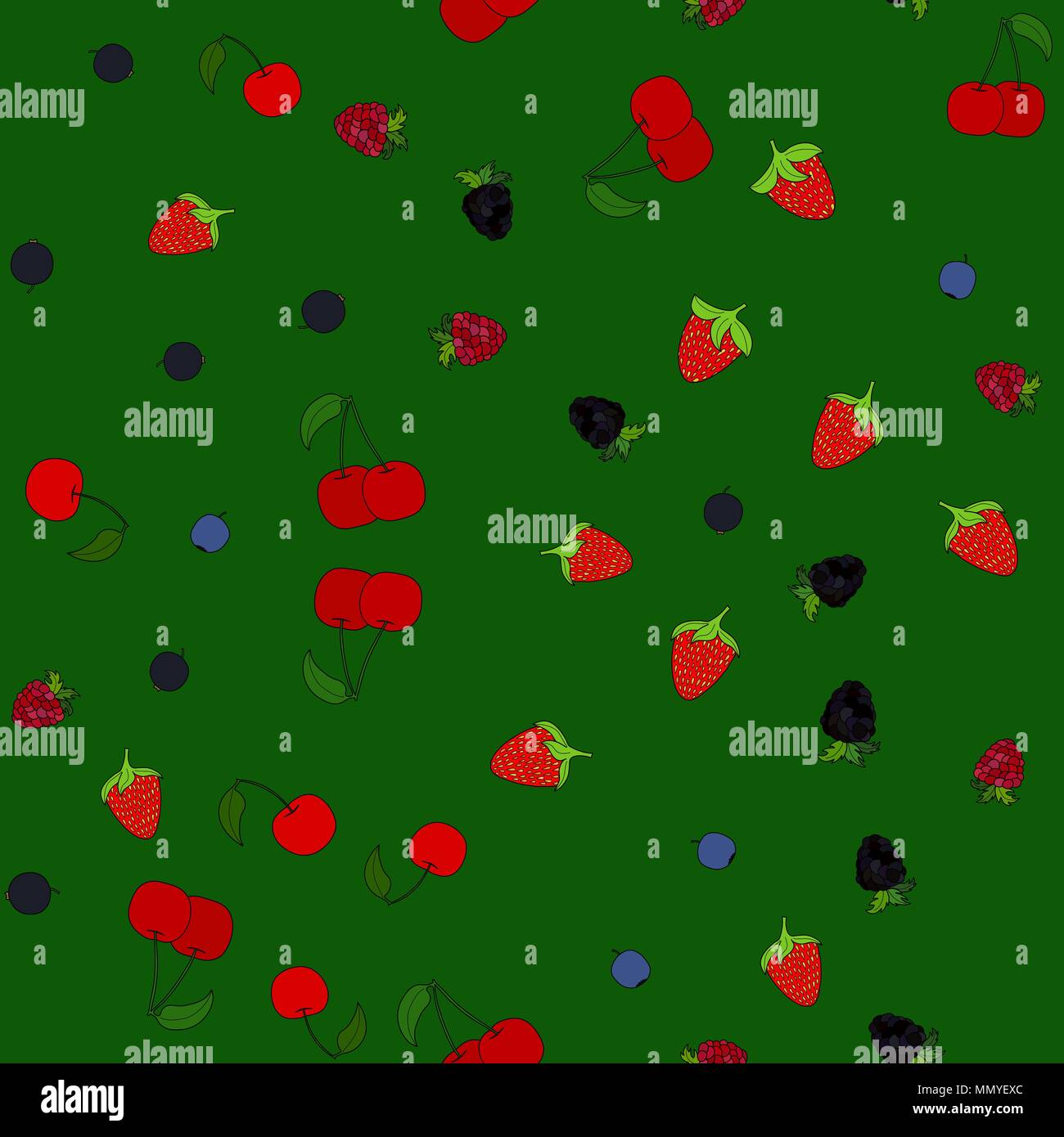 abstract vector doodle berry chaotic seamless pattern on green background Stock Vector