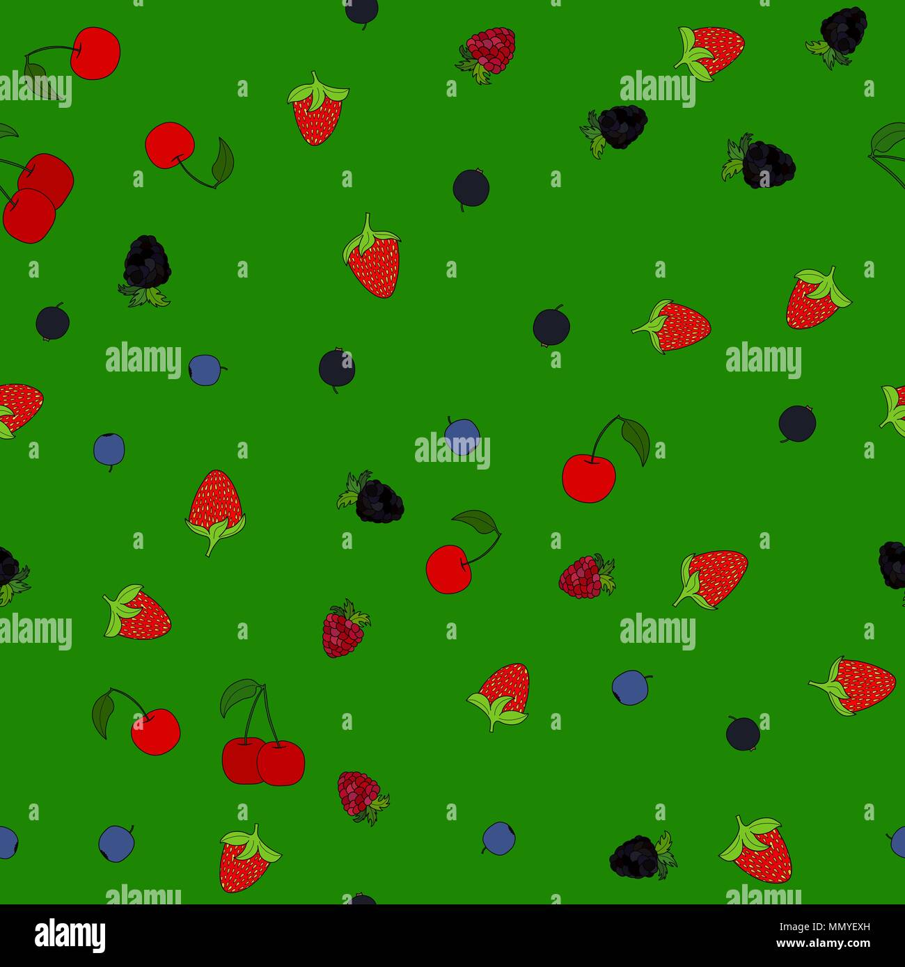 abstract vector doodle berry chaotic seamless pattern on green background Stock Vector