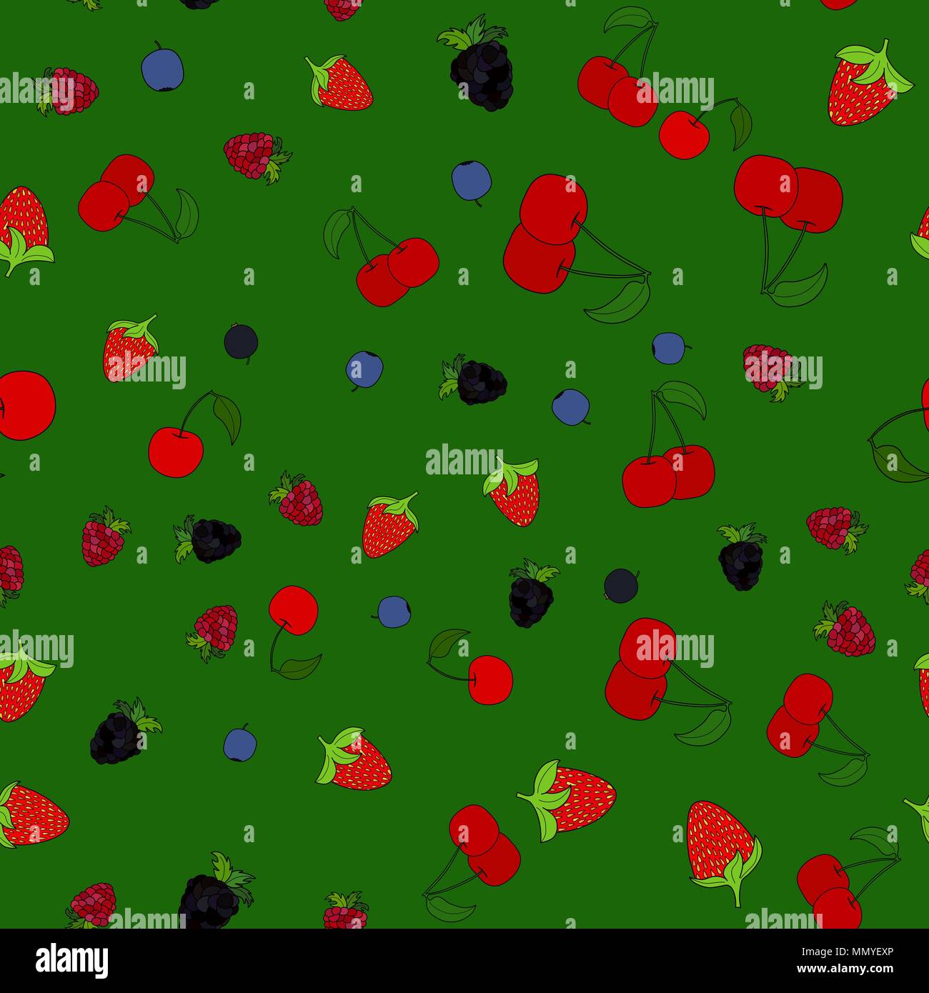 abstract vector doodle berry chaotic seamless pattern on green background Stock Vector