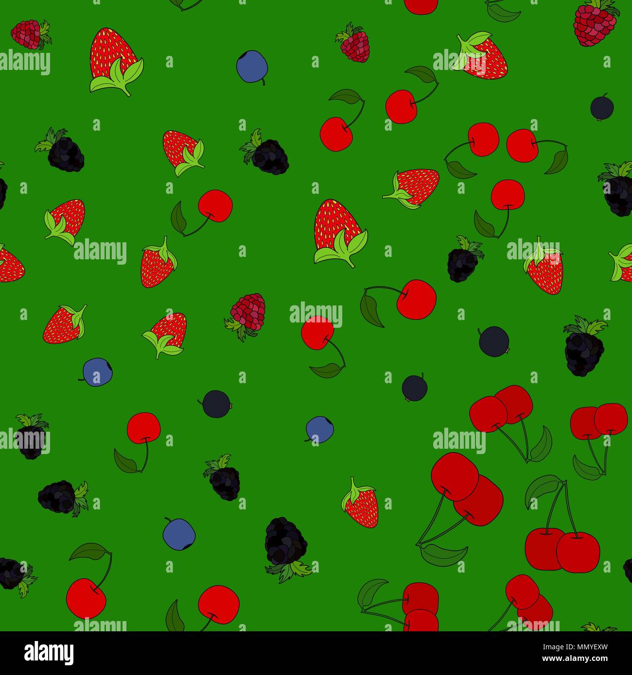 abstract vector doodle berry chaotic seamless pattern on green background Stock Vector