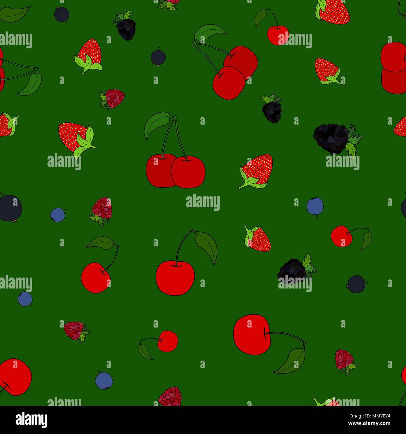 abstract vector doodle berry chaotic seamless pattern on green background Stock Vector