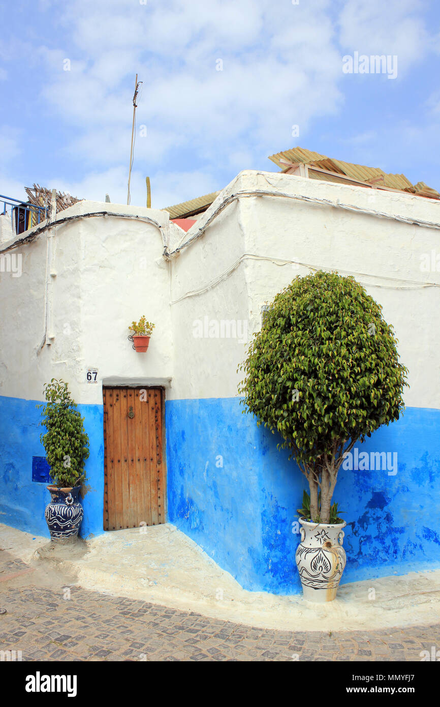 Blue and White Painted House in the Kasbah des Oudias, Rabat, Morocco Stock Photo
