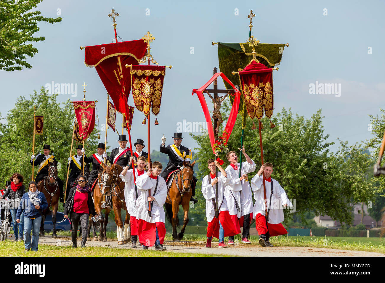 Blutritt, Weingarten, Germany, with 2500 horses, in honor of a blood relic. The pilgrimage is the largest equestrian procession in Europe. Stock Photo