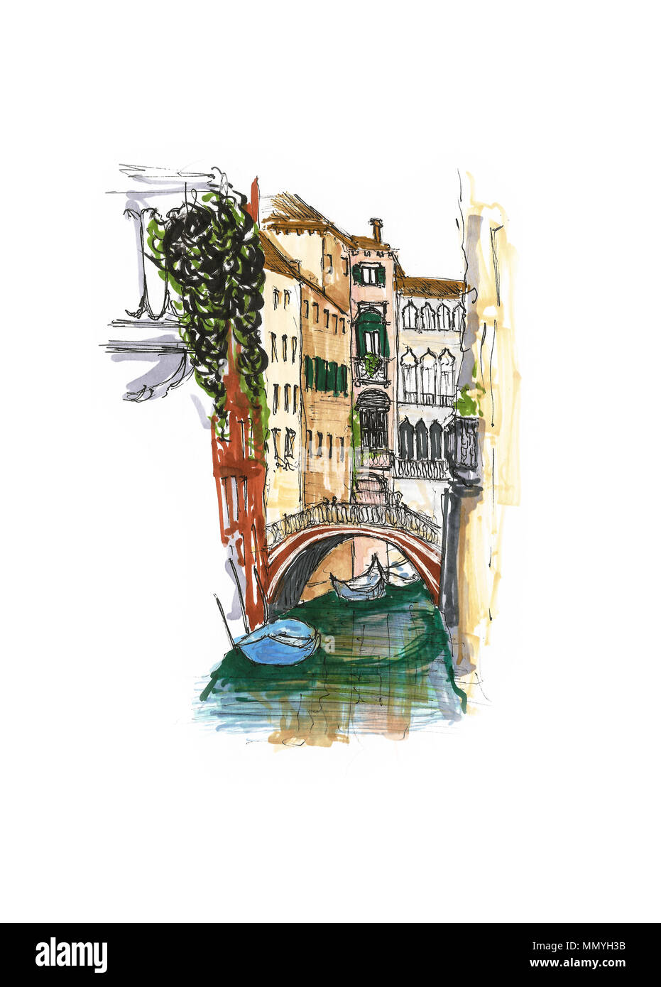 Elements of Venice, Italy. Painted sketch, art work and decoration