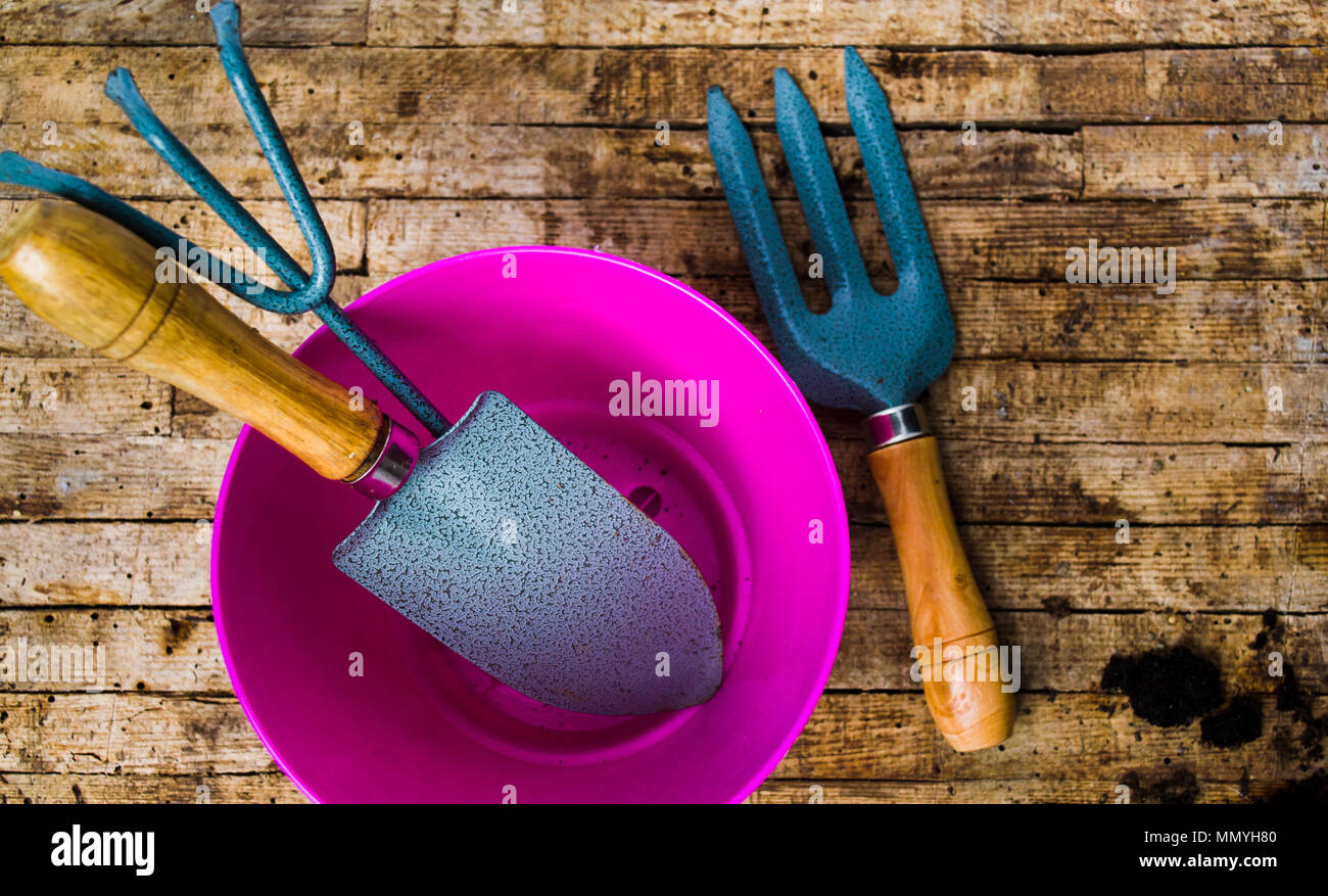 Gardening tools on a wooden table top view Stock Photo
