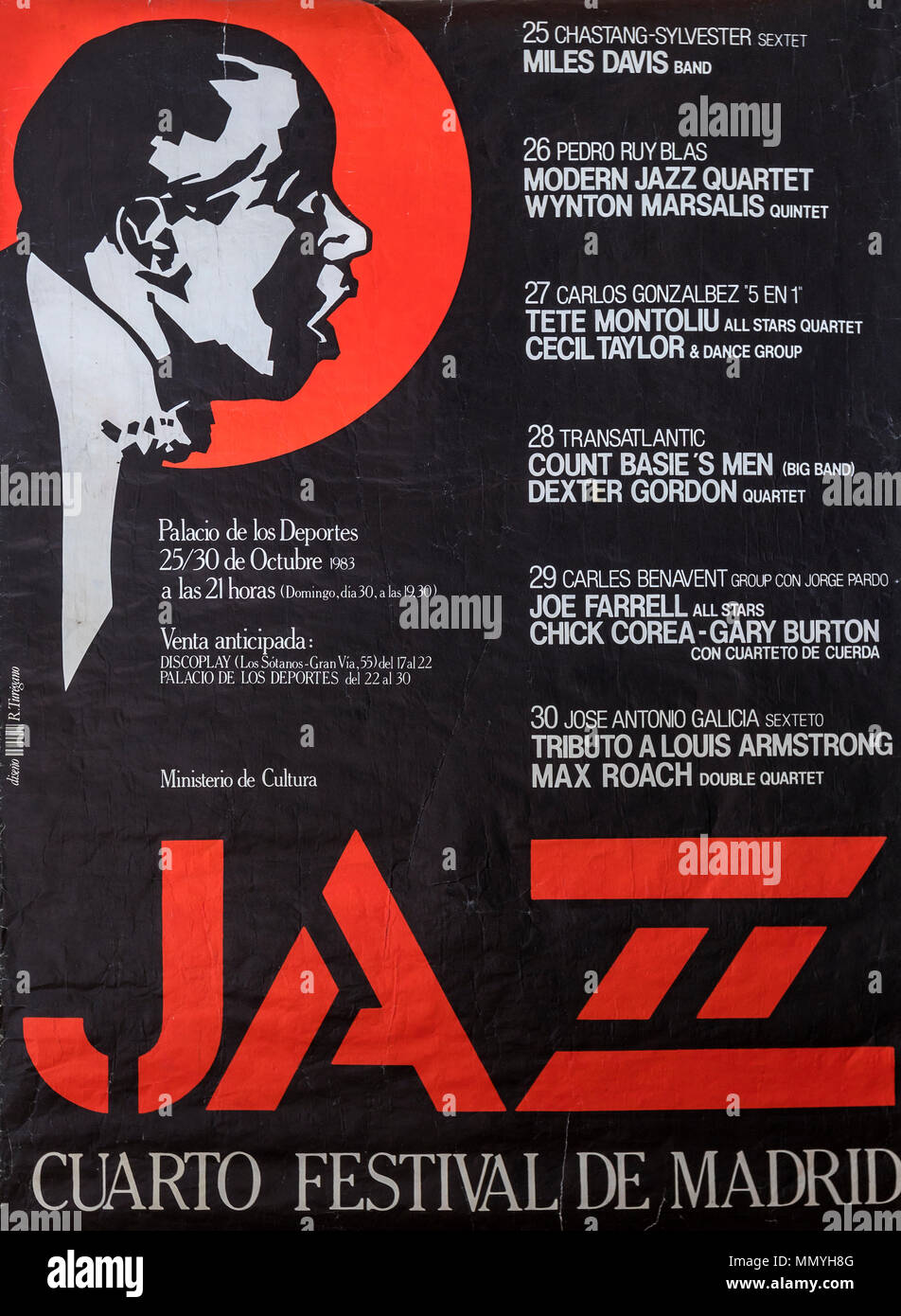 International Jazz Festival Madrid 1983, Miles Davis, Dexter Gordon, Tete Montoliu, Wynton Marsalis, Count Basie, Musical concert poster Stock Photo