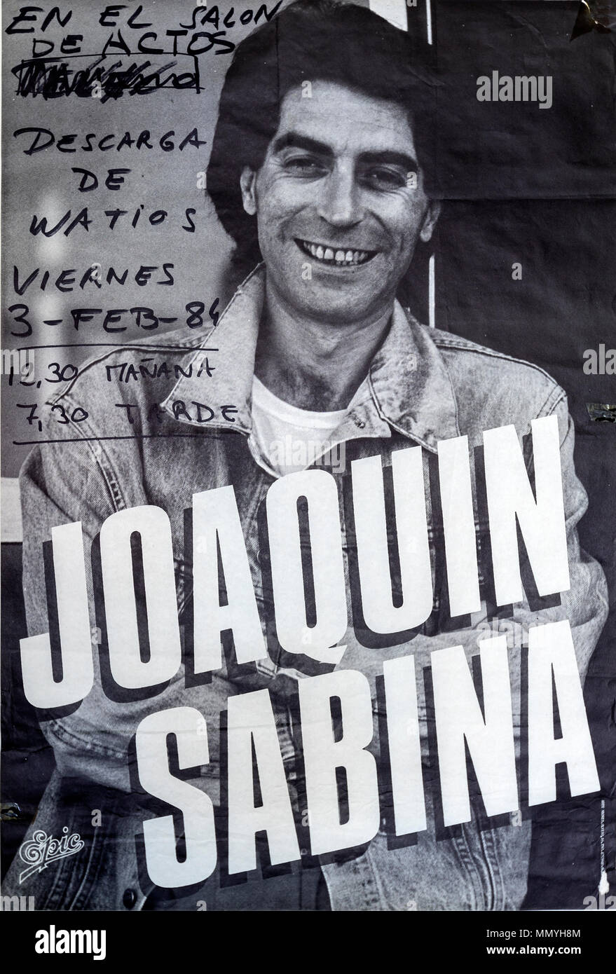 Young Joaquin Sabina concert in the Polytechnic E.U. Aeronautics Engineering University Madrid 1984, Musical concert poster Stock Photo