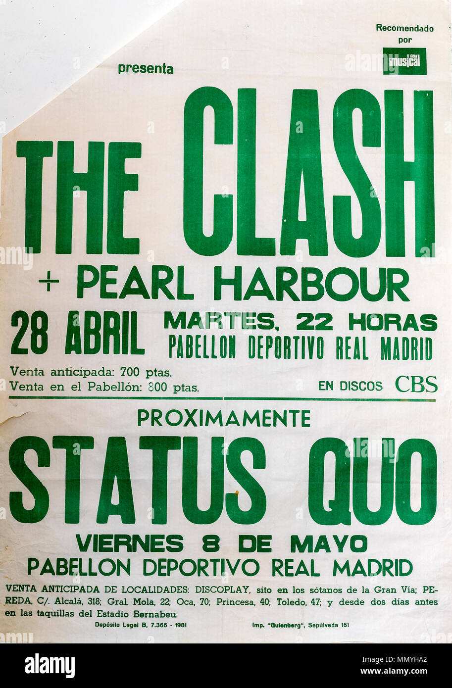 The Clash, Pearl Harbour, Status Quo tour in Madrid 1981, Musical concert poster Stock Photo