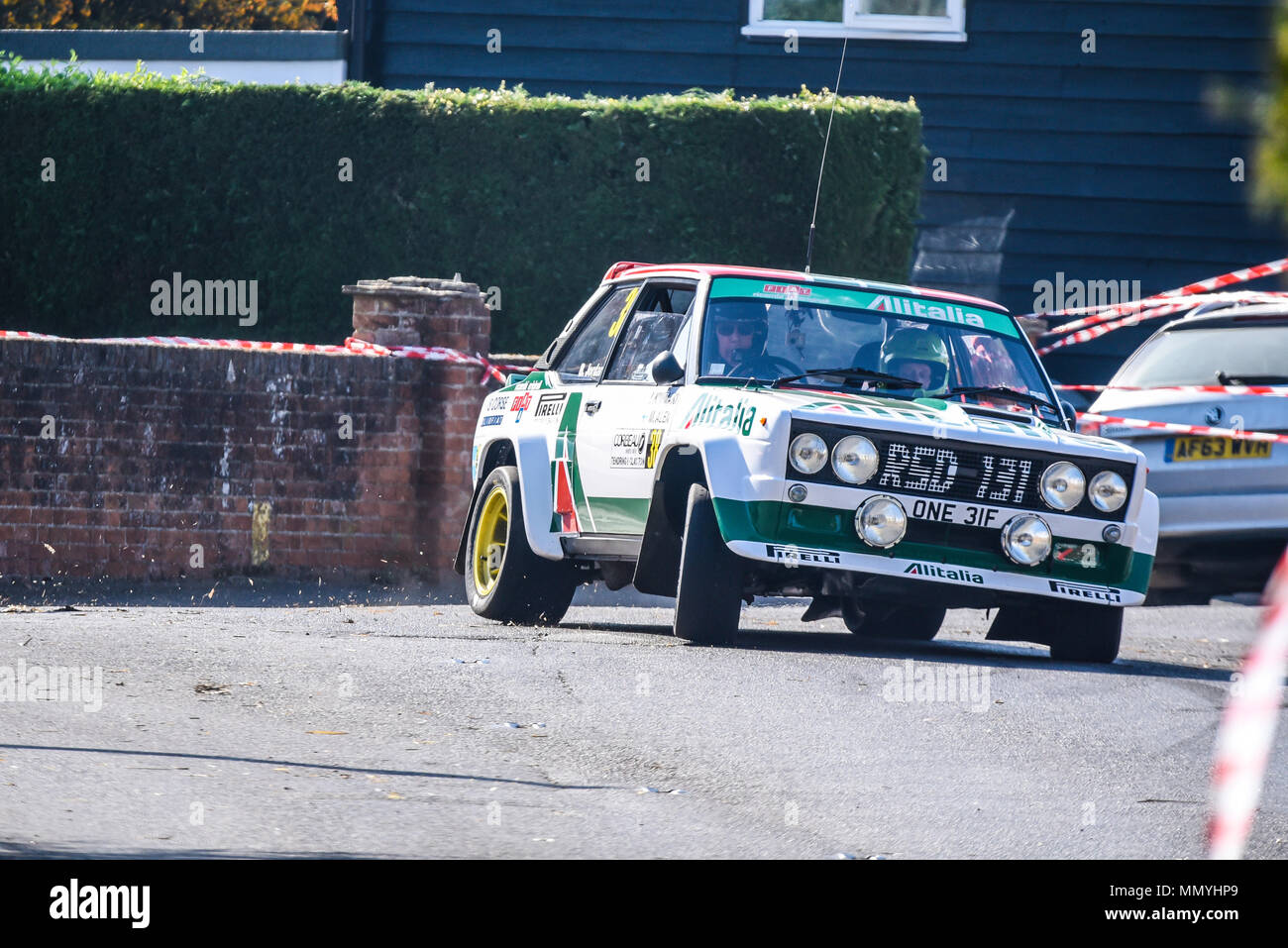 Barry Jordan driver Paul Wakely co driver racing FIAT 131 Abarth in the closed public road Corbeau Seats car Rally Tendring and Clacton, Essex, UK Stock Photo