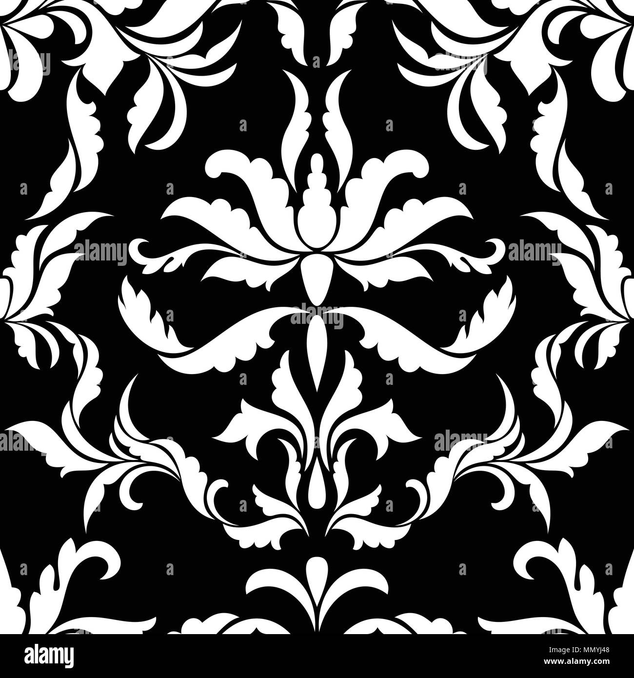 Damask Seamless Vector Pattern in Black and White colors.  Elegant floral Design in Royal  Baroque Style. Ideal for Textile Print and Wallpapers. Stock Vector