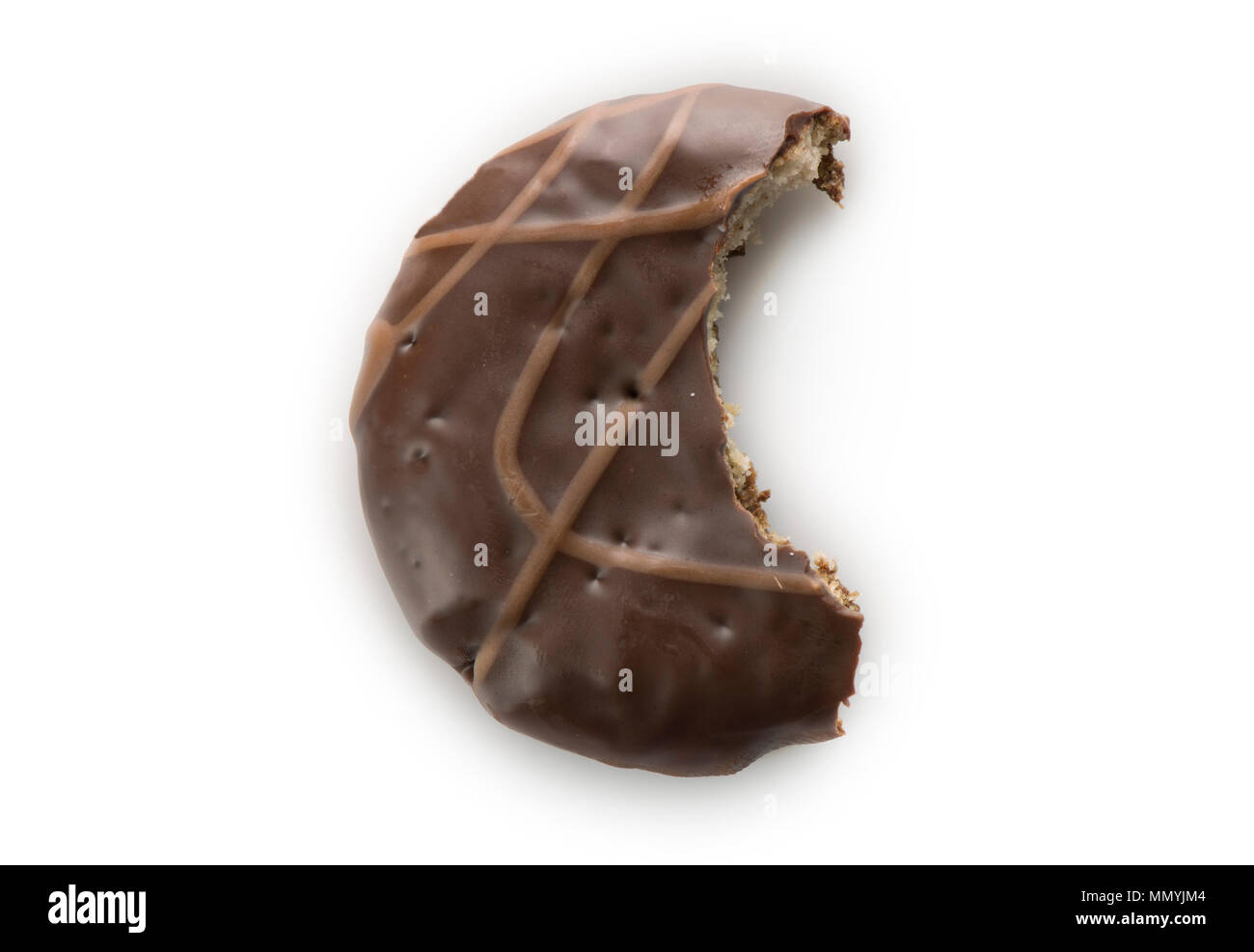 Circular European Wafer Cookie with a bite taken out of it, on white