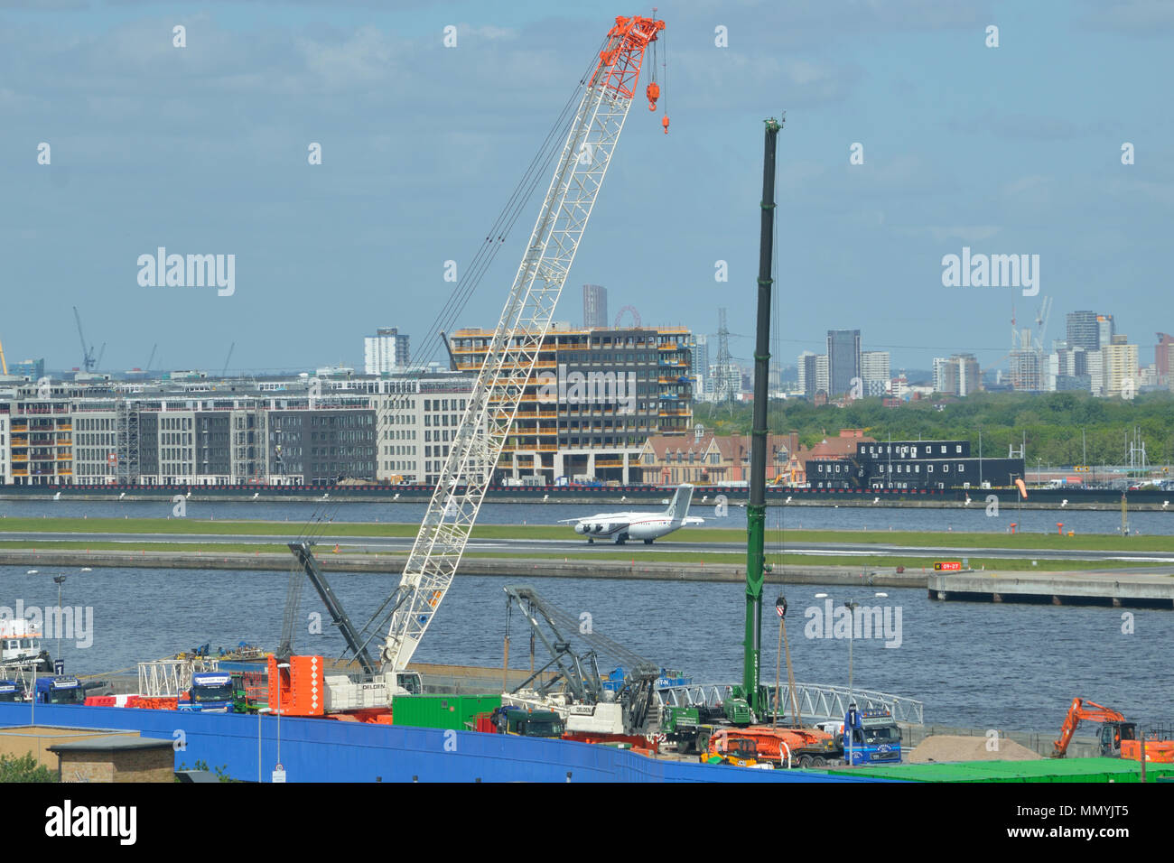 Two Crawler Cranes ready to be used as part of the London City Airport Development Project (CADP) in Newham, London Stock Photo